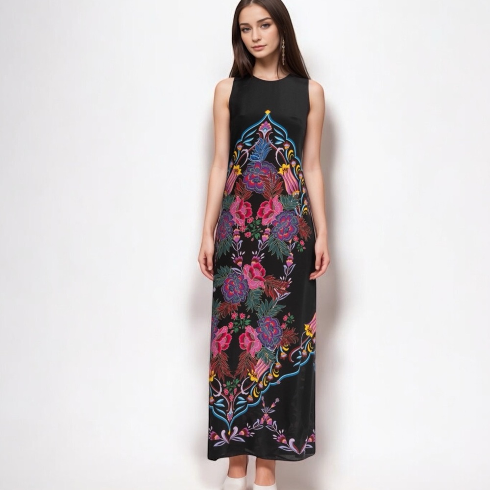 JADE BY JOHNNY WAS TATIANNA BLACK  KALEIDOSCOPE SILK MAXI DRESS SIZE S - Picture 3 of 11